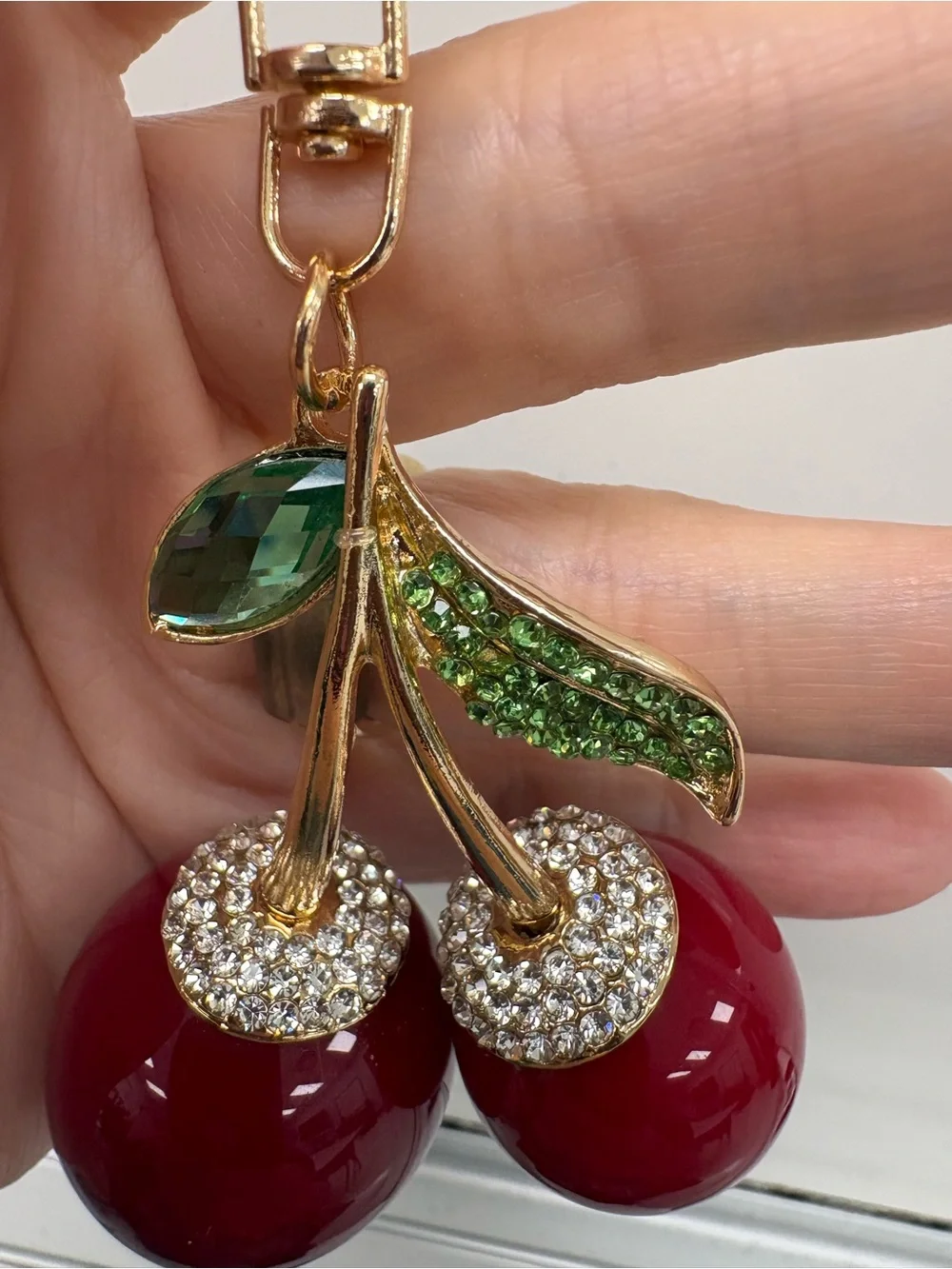 Bling Crystal Red Cherry Purse Charm & Gold Keyring Accessory